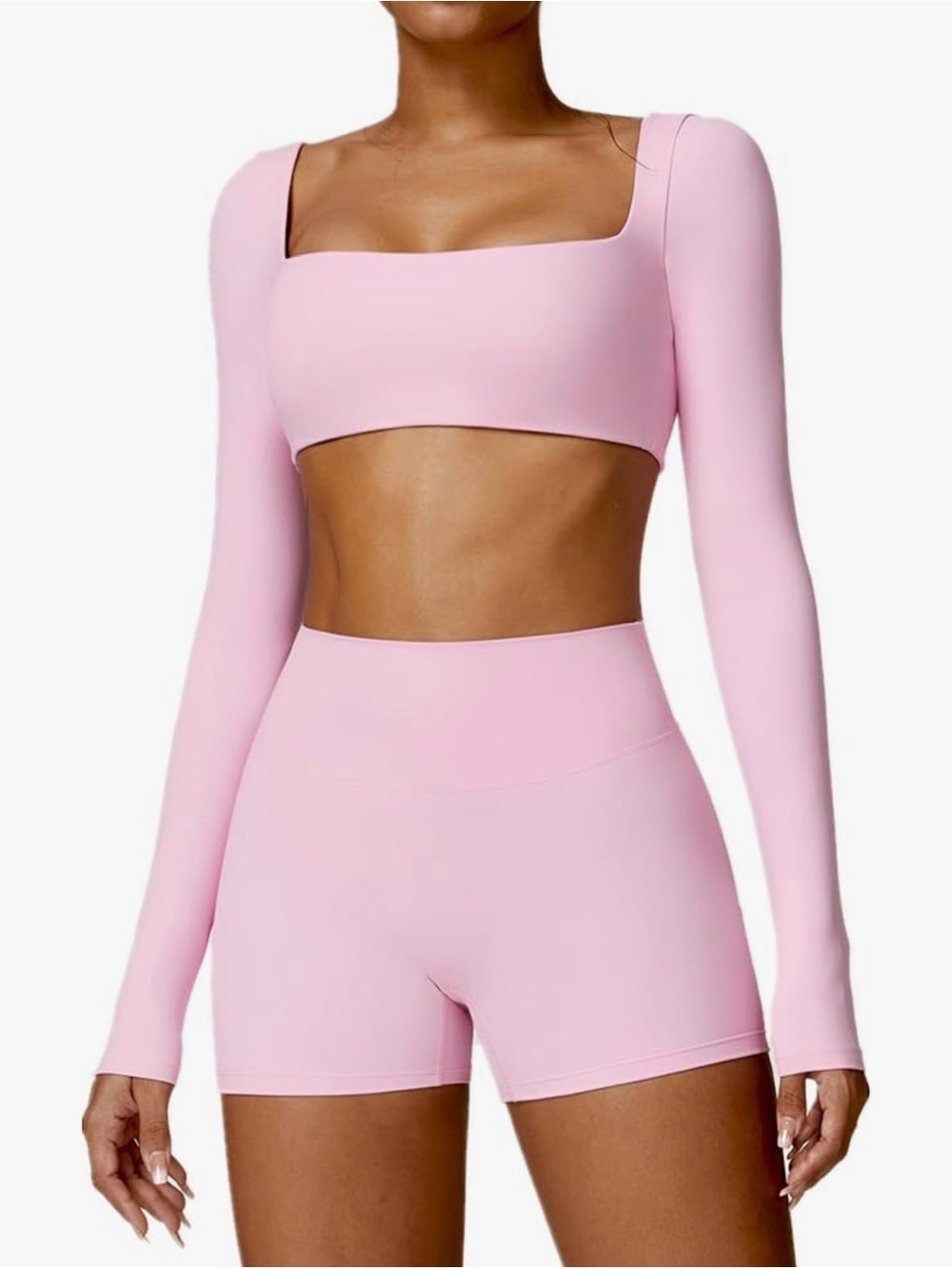 Pink Square-Neck Long Sleeve Crop Top & High-Waist cheeky Shorts Set